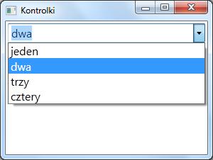 ComboBox działa podobnie jak ListBox, ale ukazuje jedynie jeden wybrany element <ComboBox IsEditable="True"> <ComboBoxItem>jeden</ComboBoxItem> <ComboBoxItem>dwa</ComboBoxItem>