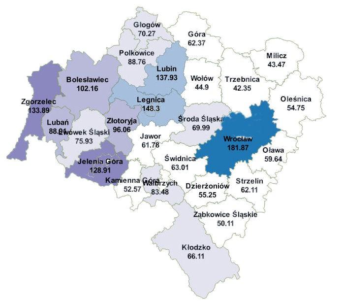 Zagrożenie przestępczością i skuteczność ścigania sprawców przestępstw na terenie powiatu oławskiego. Średnia ilość przestępstw na 10 tys.