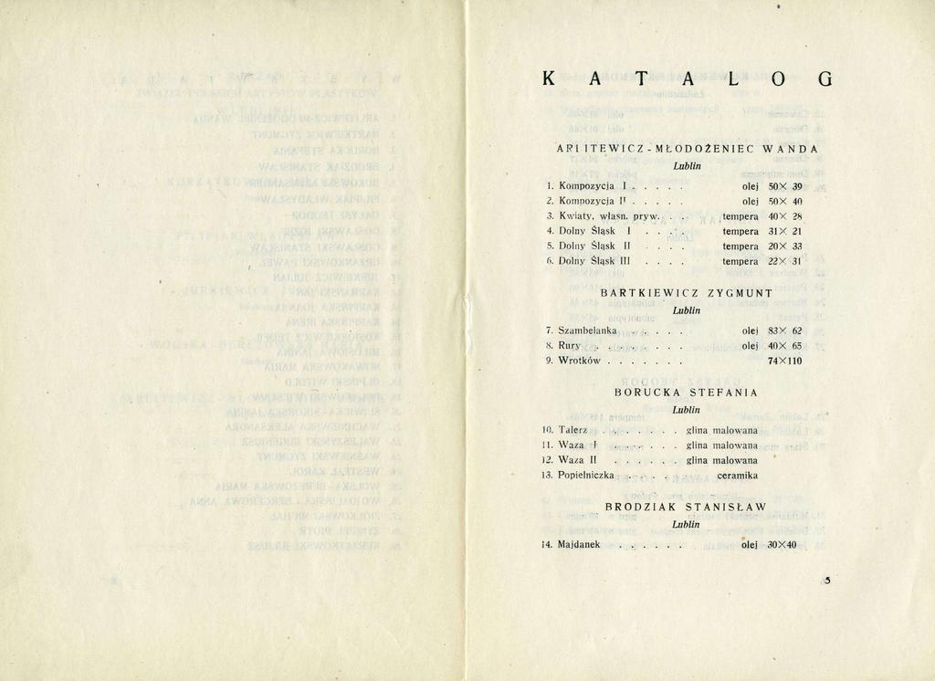 K A T A L O G ARUTEWICZ - MŁODOŻENIEC WANDA 1. Kompozycja I olej 50X 39 2. Kompozycja I T olej 50X 40 3. Kwiaty, własn. pryw... tempera 40X 28 4. Dolny Śląsk I.... tempera 31X 21 5. Dolny Śląsk 11.