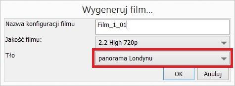 Ustawienia Generowania Filmów: pozwala użytkownikowi na wybór tła W następstwie wdrożenia opcji Tła niezależnego od renderingu i zastosowania tła panoramicznego, funkcja generowania filmu została