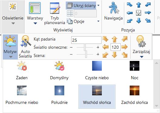 Oświetlenie Modyfikacje w Oświetleniu Użytkownik może modyfikować teraz o wiele więcej parametrów oświetlenia przy użyciu narzędzi w sekcji Oświetlenie w zakładce WIDOK: Motywy oświetlenia - Funkcja