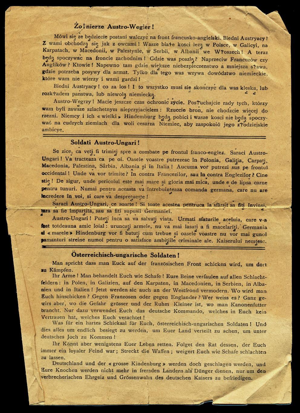 Dezerterzy na froncie włoskim Ulotka propagandowa rozrzucana przez Włochów na froncie austriackim w roku 1918 Drukowana w językach ludów monarchii austrowęgierskiej,