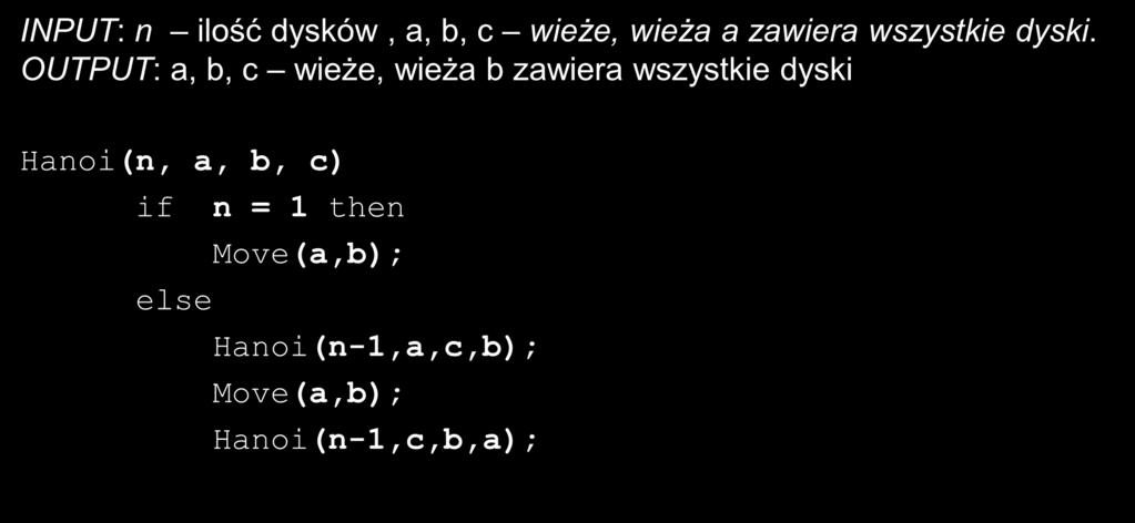 Algorytm rekursywny INPUT: n ilość dysków, a, b, c wieże, wieża a zawiera wszystkie dyski.