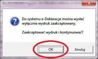 W dalszej kolejności należy wybrać nad ekranem wydruku przycisk podpisany 'e- Deklaracje'.