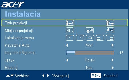 15 Elementy sterowania użytkownika Menu Instalacja Menu Instalacja udostępnia ekran OSD do instalacji i konserwacji projektora.