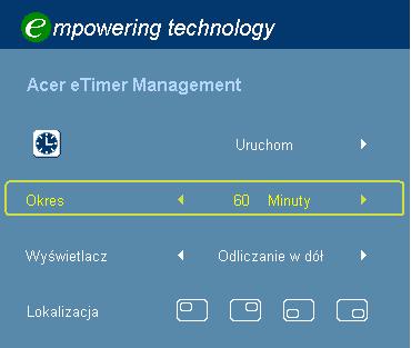 "Acer etimer Management" udostępnia funkcję przypominania, dla kontroli czasu prezentacji. Szczegółowe informacje znajdują się w części Menu ekranowe.