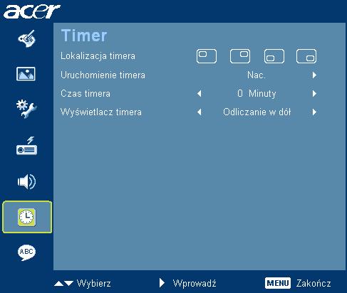 25 Timer Lokalizacja timera Wybierz miejsce timera na ekranie. Uruchomienie timera Naciśnij, aby uruchomić lub zatrzymać timer. Czas timera Wyświetlacz timera Naciśnij lub, aby dostosować czas timera.