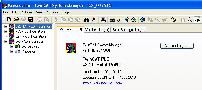 Pojawia się okno TwinCAT System Manager. 2. Wybór sterownika docelowego SYSTEM Configuration > Choose Target W oknie Choose Target System wybrać sterownik CX_.