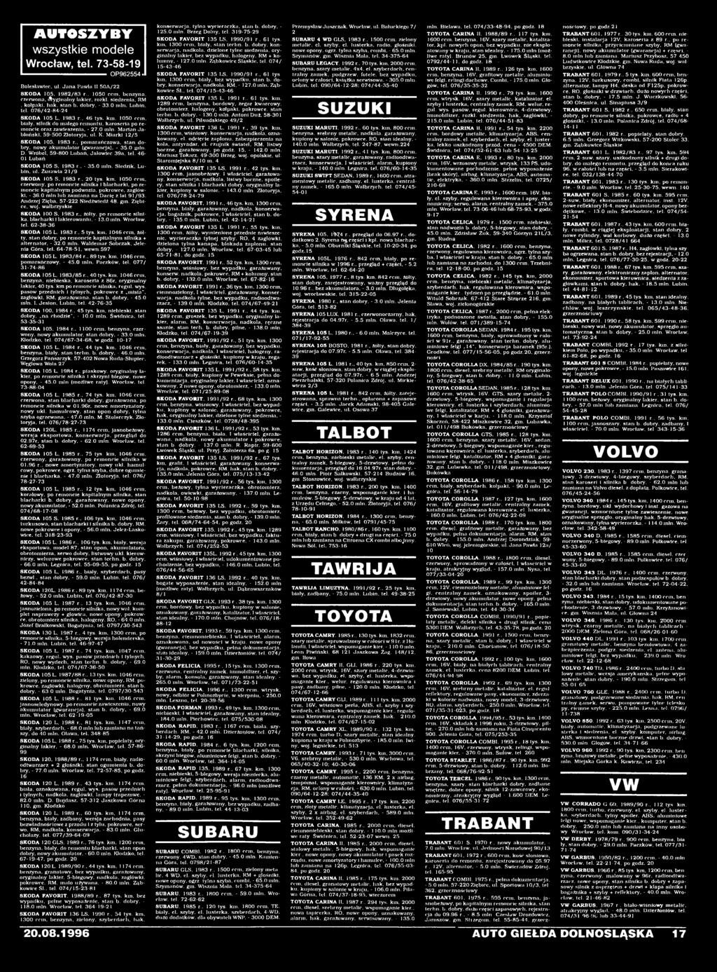 - 36.0 min lub zamiana na Dacię z lat 91/93. Andrzej Zięba. 57-222 Niedźwiedź 48. gin. Ziębice. woj. wałbrzyskie SKODA 100 S. 1983 r.. żółty, po remoncie silnika, blacharki i lakierowaniu, - 13.0 min. Wrocław, tel.