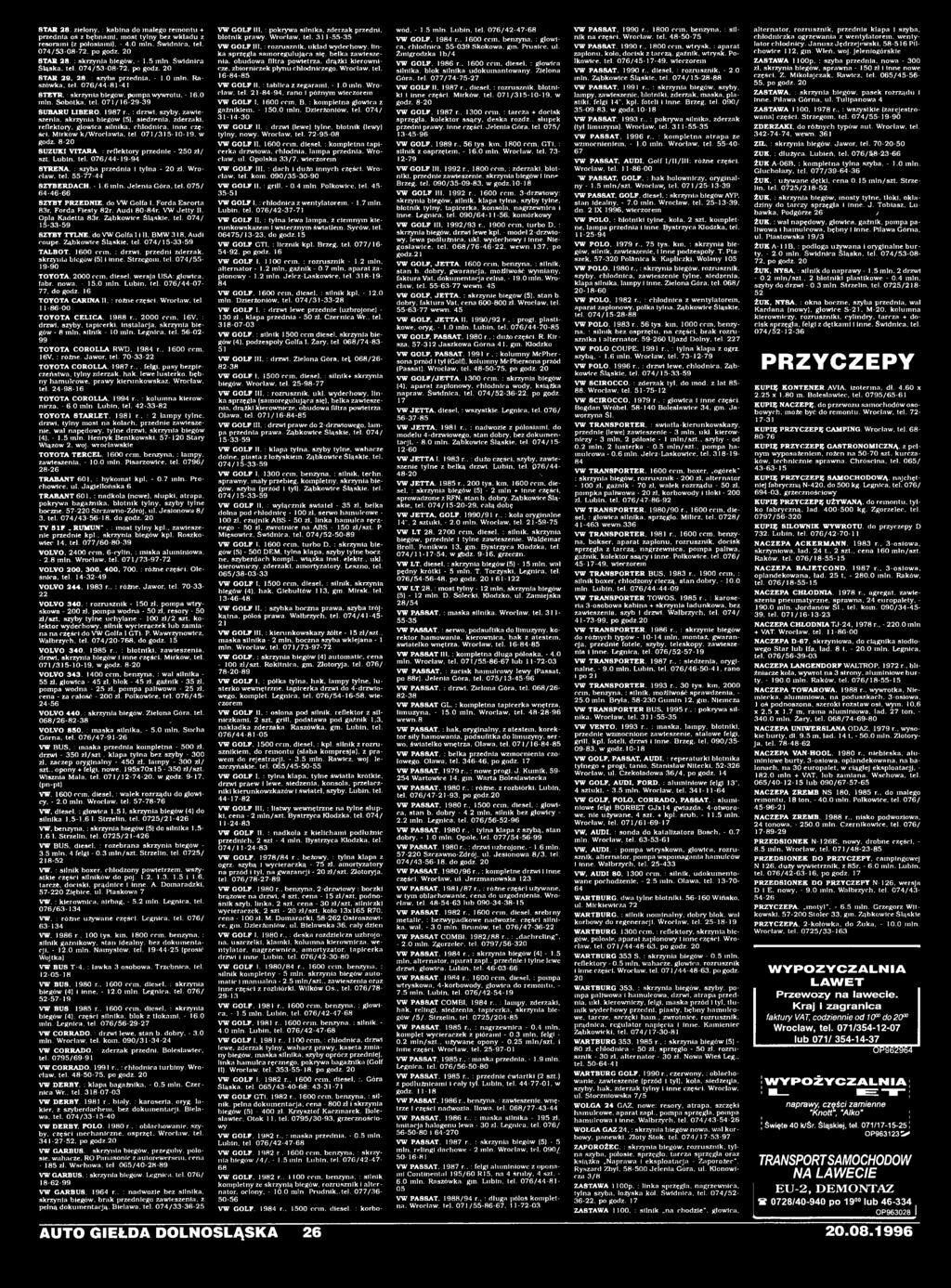 Jelenia Góra. tel. 075/ 64-46-66 SZYBY PRZEDNIE, do VW Golfa 1. Forda Escorta 83r, Forda Fiesty 82r. Audi 80-84r. VW Jetty II. Opla Kadetta 83r. Ząbkowice Śląskie, tel.