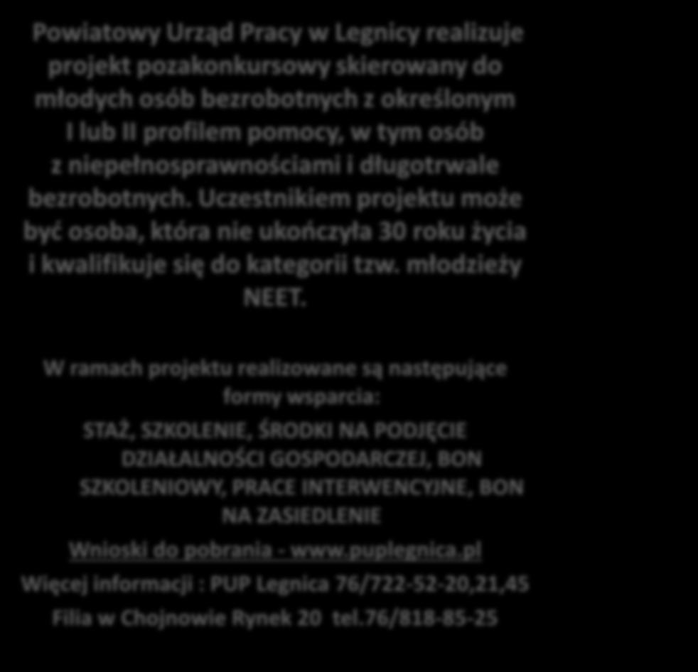 Powiatowy Urząd Pracy w Legnicy realizuje projekt pozakonkursowy skierowany do młodych osób bezrobotnych z określonym I lub II profilem pomocy, w tym osób z niepełnosprawnościami i długotrwale