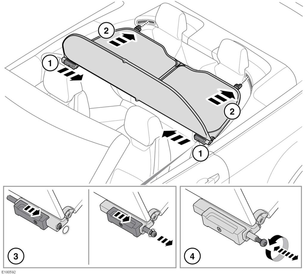 L Składany dach Montaż owiewki Gdy owiewka jest zamontowana, pasażerowie nie powinni podróżować w tylnej części pojazdu. Nie należy umieszczać przedmiotów na owiewce. 1.