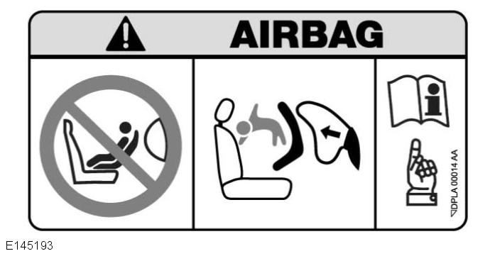 R Bezpieczeństwo dzieci Powyższa etykieta, umieszczona na środkowym słupku drzwi pasażera, ostrzega przed montażem fotelika dziecięcego ustawionego tyłem do kierunku jazdy na fotelu pasażera, jeżeli