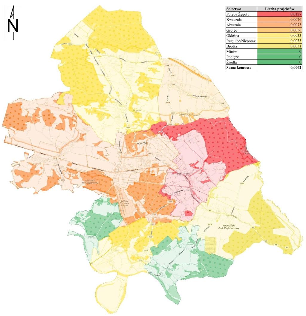 Szczegółowa diagnoza sfery społecznej Mapa 7 Aktywność stowarzyszeń w gminie w latach 2013-2015 Źródło: opracowanie własne z wykorzystaniem http://openstreetmap.org.