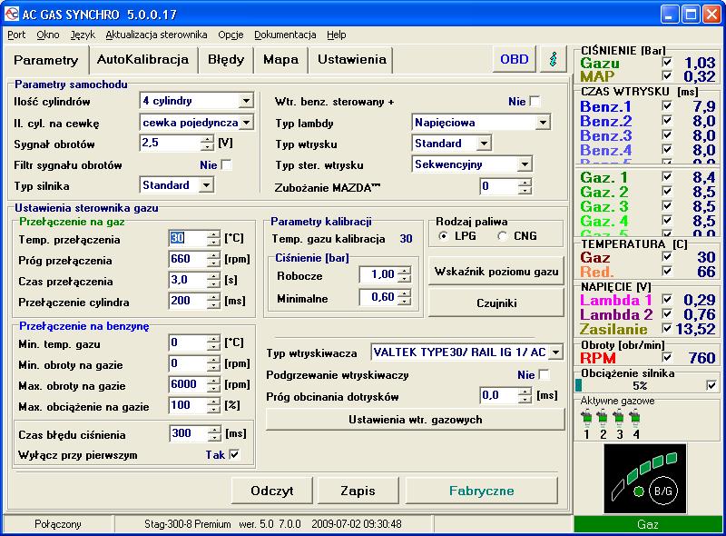 Rysunek 7 Widok okna parametry W przypadku, gdy sterownik zgłasza komunikat Brak sterownika gazu i w lewym dolnym rogu wyświetlany jest napis brak połączenia należy wybrać inny port z menu port u