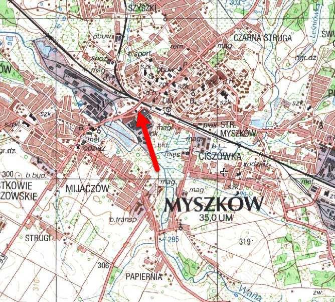 3. LOKALIZACJA Obiekt znajduje się w Myszkowie w ciągu drogi wojewódzkiej 793 (ulicy Pułaskiego) nad linią kolejową nr 001 Warszawa Centralna Katowice.