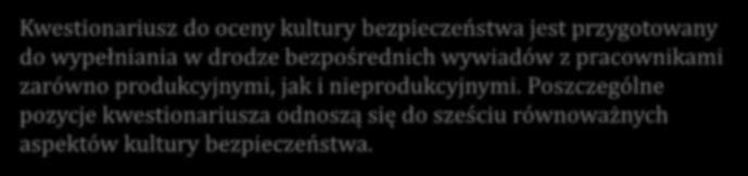 Narzędzie do oceny poziomu kultury bezpieczeństwa pracy Kwestionariusz do oceny kultury bezpieczeństwa jest przygotowany do wypełniania w drodze bezpośrednich wywiadów z pracownikami zarówno