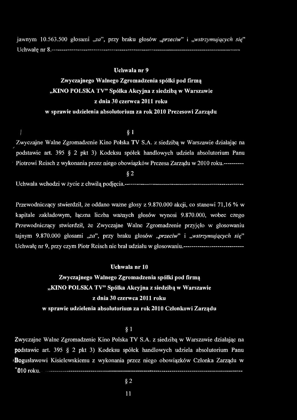 jawnym 10.563.500 głosami Uchwałę nr 8. - przy braku głosów przeciw" i wstrzymujących się" Uchwala nr 9 w sprawie udzielenia absolutorium za rok 2010 Prezesowi Zarządu / i 1 podstawie art.