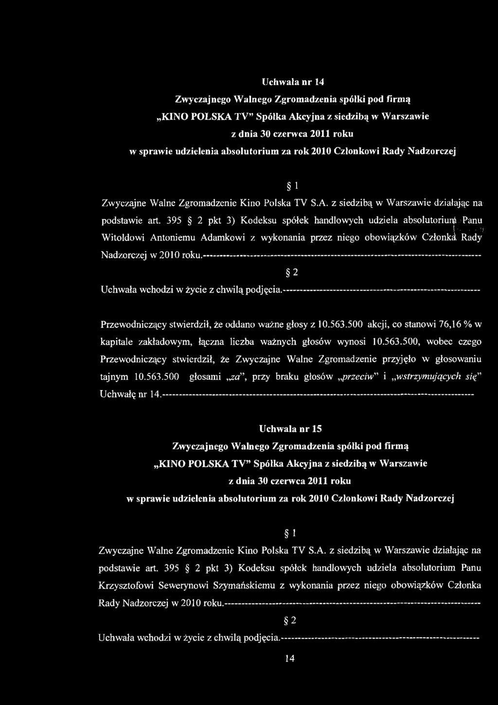 Uchwała nr 14 w sprawie udzielenia absolutorium za rok 2010 Członkowi Rady Nadzorczej 1 podstawie art.