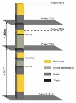 6 PRZEGLĄD GÓRNICZY 2015 Pokład 713/ 1-2 i 7013/ 1-2 +712/ 1-2 wartość wytrzymałości na ściskanie węgla wynosi 24,7 MPa, natomiast skał stropowych 74,3 MPa.