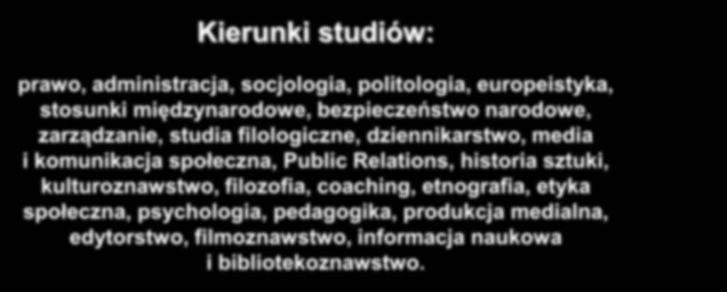 politologia, europeistyka, stosunki międzynarodowe, bezpieczeństwo narodowe, zarządzanie, studia filologiczne, dziennikarstwo, media i komunikacja społeczna, Public Relations, historia sztuki,