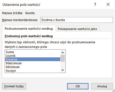 MODYFIKACJA STRONA 10 Po dodaniu pola do obszaru Wartości z automatu liczby są sumowane, ale rozwijając menu na polu Suma z i wybierając Ustawienia pola wartości, możemy zmienić