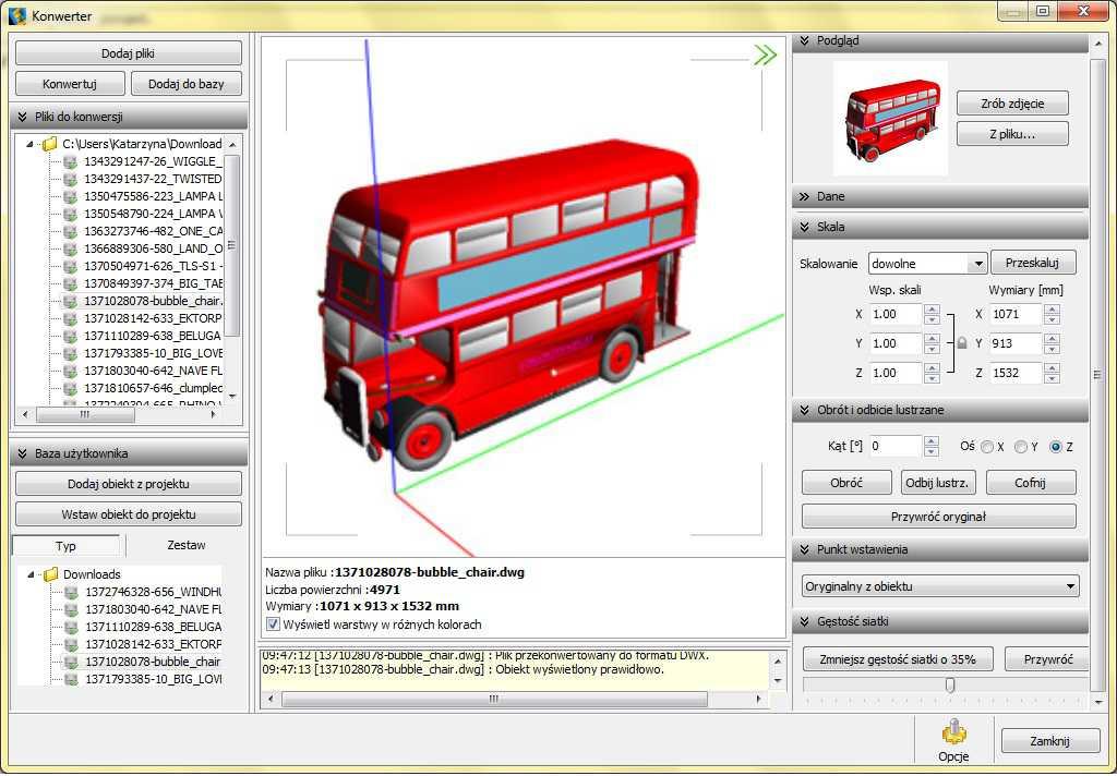 Moduł Konwerter 3D umożliwia konwertowanie plików zapisanych w wielu formatach nie używanych przez programy: CAD Decor PRO, CAD Decor i CAD Kuchnie oraz w formacie DWG (używanym przez AutoCAD i