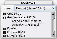 1. Zakładka Kolekcje umożliwia wybór baz danych producentów płytek lub bazy użytkownika, pozycjom na liście baz producenckich przypisane są nazwy poszczególnych firm oraz daty ostatnich aktualizacji