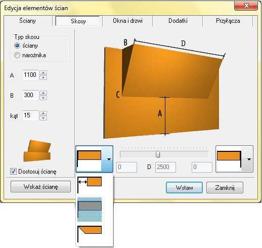 Do tworzonych pomieszczeń użytkownik może dodawać następujące elementy ścian: Skosy do wyboru: skosy ściany lub narożnika, możliwość określenia wymiarów skosu i kąta, w przypadku skosu ścian, jeśli