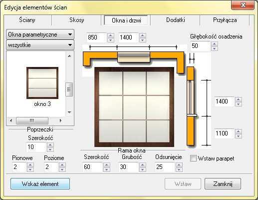 Okno Okna i drzwi - okna parametryczne Okno Dodatki Przyłącza instalacyjne mechanizm wstawiania przebiega analogicznie, jak w przypadku opisanych