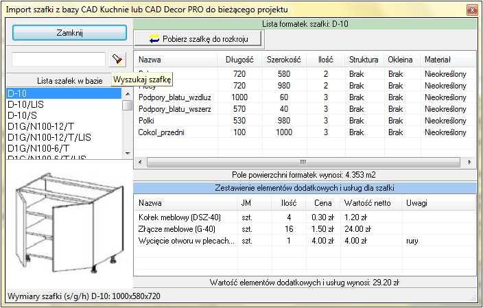 program oferuje możliwość zapisania obrazu rozkroju na dysku komputera, dostępne są także opcje drukowania: raportu optymalizacji rozkroju, zestawienia wszystkich formatek w projekcie, spisu