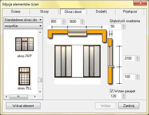 Zakładka Okna i drzwi - elementy standardowe Dodatki wstawianie elementów dodatkowych przebiega analogicznie jak drzwi i okien, użytkownik