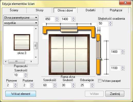 preferencji, dodatkowo użytkownik definiuje typ elementu: występ (posiada zdefiniowaną głębokość, wystaje do wnętrza pomieszczenia), otwór