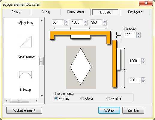 Zakładka Okna i drzwi - okna parametryczne Okno Edycja elementów ścian zakładka Dodatki Przyłącza instalacyjne mechanizm wstawiania