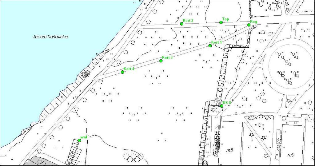 4 Bartłomiej OSZCZAK, Michał WARDZIEJEWSKI, Tomasz KLOCKOWSKI Rys 1. Rozmieszczenie 8 testowych punktów osnowy sytuacyjnej na terenie Kortowa 2.