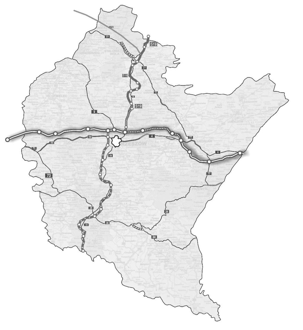S-19 NA PODKARPACIU CZĘŚĆ POŁUDNIOWA RZESZÓW PŁD. - BARWINEK (ETAP PRACE KONCEPCYJNE) Droga ekspresowa S-19 na południe od Rzeszowa jest podzielona na 5 odc. ze względu na realizację: Odcinek I: w.