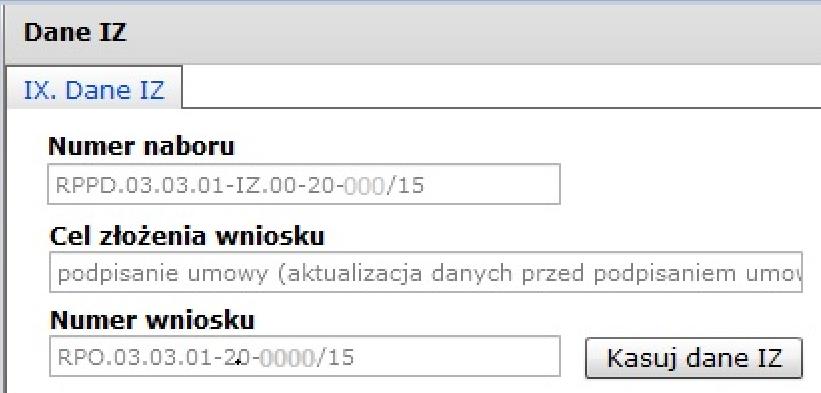 Aby było możliwe przesłanie wniosku jako pierwotny należy usunąć dane w sekcji poprzez przycisk "Kasuj dane IZ". Jednocześnie uniemożliwi to wysłanie wniosku na potrzeby innych etapów konkursu.