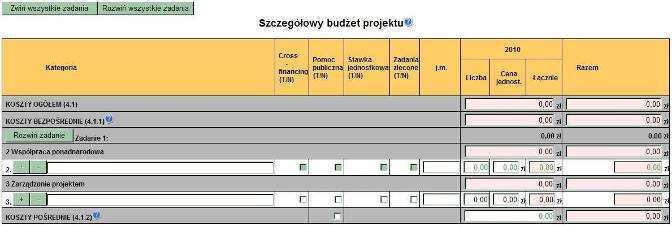 Wyświetl kategorie kosztów dla wszystkich zadań Wyświetl wszystkie kategorie kosztów dla zadania W polu Uzasadnienie możliwe jest również przedstawienie sposobów podziału kosztów pomiędzy partnerami