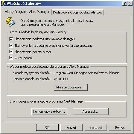 Wysyłanie alertów o wirusach Konfigurowanie programu Alert Manager Za pomocą opcji w oknie dialogowym Właściwości alertów należy określić, kiedy i jak użytkownik ma być powiadamiany o wykryciu wirusa.