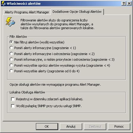 Wysyłanie alertów o wirusach Właściwości na filtrowania alertów Opcje znajdujące się na karcie Dodatkowe opcje obsługi alertów służą do ograniczania liczby wysyłanych alertów oraz do konfigurowania