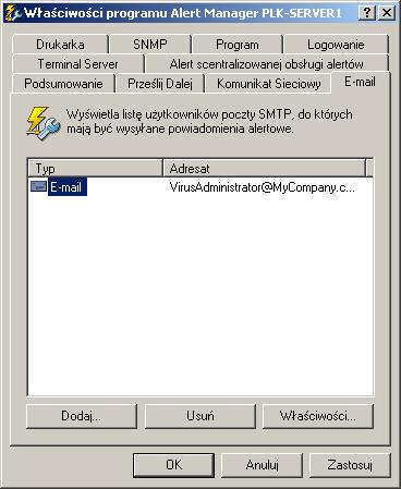 Wysyłanie alertów o wirusach Wysyłanie komunikatów alertów na adresy e-mail Program Alert Manager może wysyłać komunikaty alertów na adresy e-mail adresatów przy użyciu protokołu SMTP (Simple Mail