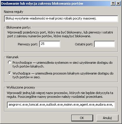 Ochrona przed dostępem Robaki pocztowe Reguła ta uniemożliwia rozsyłanie wiadomości przez robaki pocztowe. 1 Na karcie Blokowanie portów kliknij przycisk Dodaj. Ilustracja 3-3.
