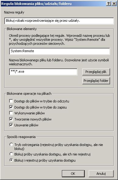 Właściwości na karcie Ochrona plików, udziałów i folderów Robaki rozprzestrzeniające się w udziałach sieciowych Zastosowanie poniższej reguły umożliwia zablokowanie robaków przemieszczających się do