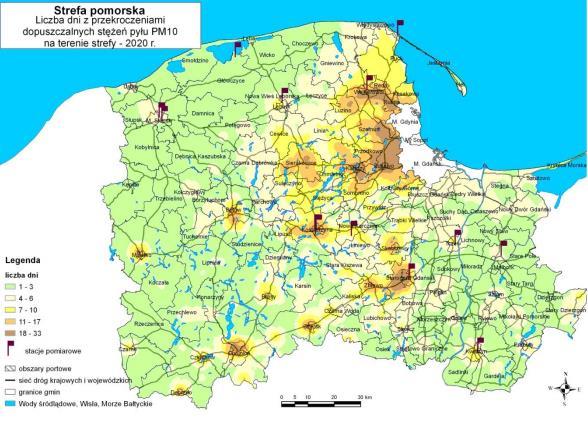 Rysunek 5 Rozkład liczby dni z przekroczeniem dopuszczalnego stężenia 24-godzinnego dla pyłu PM10 Źródło: Programu ochrony powietrza dla strefy pomorskiej na lata 2015-2020 z pespektywą na lata