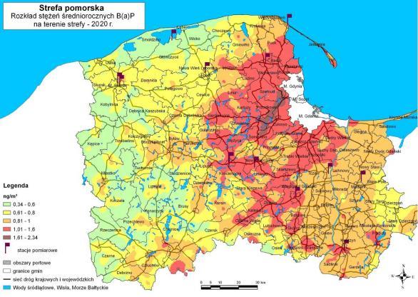 Rysunek 6 Rozkład stężeń średniorocznych benzo(a)pirenu na obszarze strefy pomorskiej w roku prognozy Źródło: Programu ochrony powietrza dla strefy