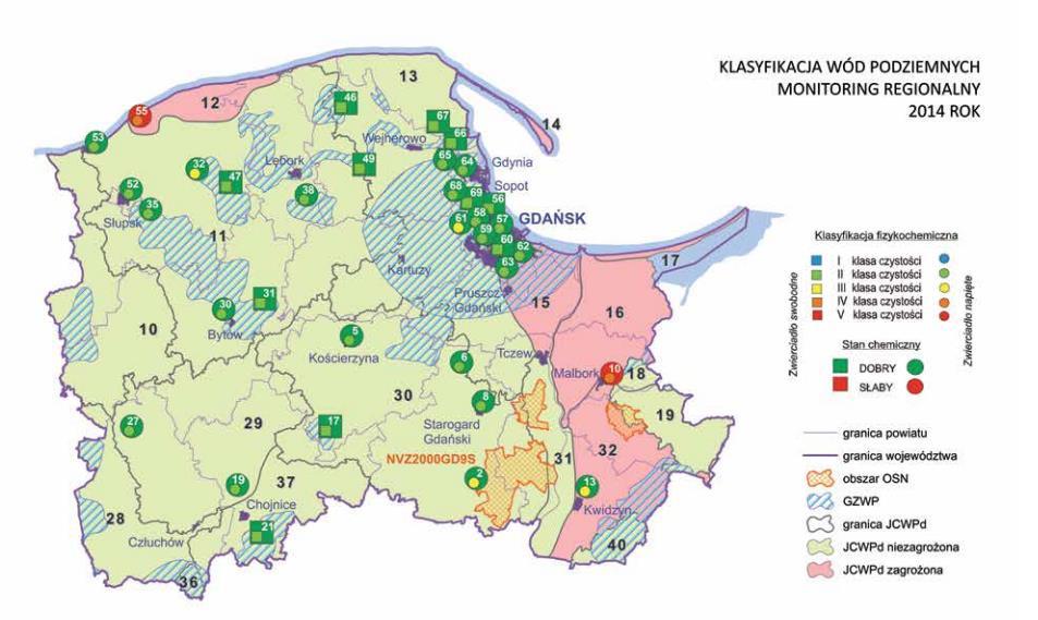 Rysunek 9 Klasyfikacja wód podziemnych w przekrojach pomiarowych monitoringu operacyjnego prowadzonego przez WIOŚ w 2014