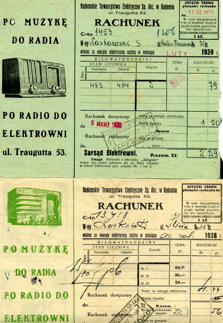 RACHUNKI ZA ENERGIĘ ELEKTRYCZNĄ Konkurs na ciekawy komentarz Powyżej widzimy dwa rachunki za energię elektryczną dla gospodarstwa domowego z roku 1938 i 1939.