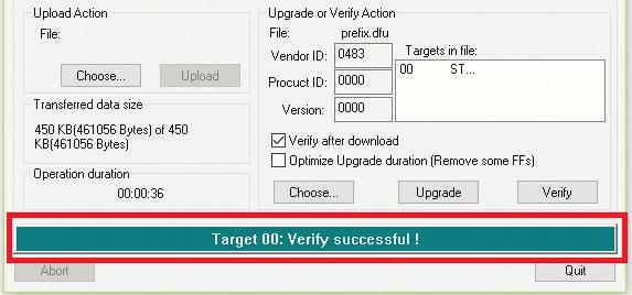 6. Wybierz w wyświetlonym oknie w grupie Upgrade or Verify Action kliknij przycisk "Choose " i wskaż ścieżkę do pliku oprogramowania " prefix.dfu". 7. Wciśnij przycisk " Upgrade".