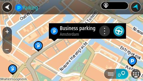 3. Wybierz parking na mapie lub z listy. Na mapie otworzy się menu podręczne, zawierające nazwę parkingu. 4. Wybierz opcję Jedź.