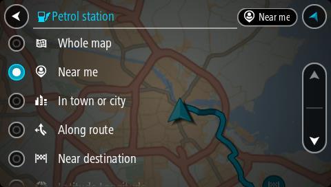 Można przełączyć ekran na listę stacji benzynowych, naciskając ten przycisk: Możesz wybrać stację benzynową z listy, aby zlokalizować ją na mapie.
